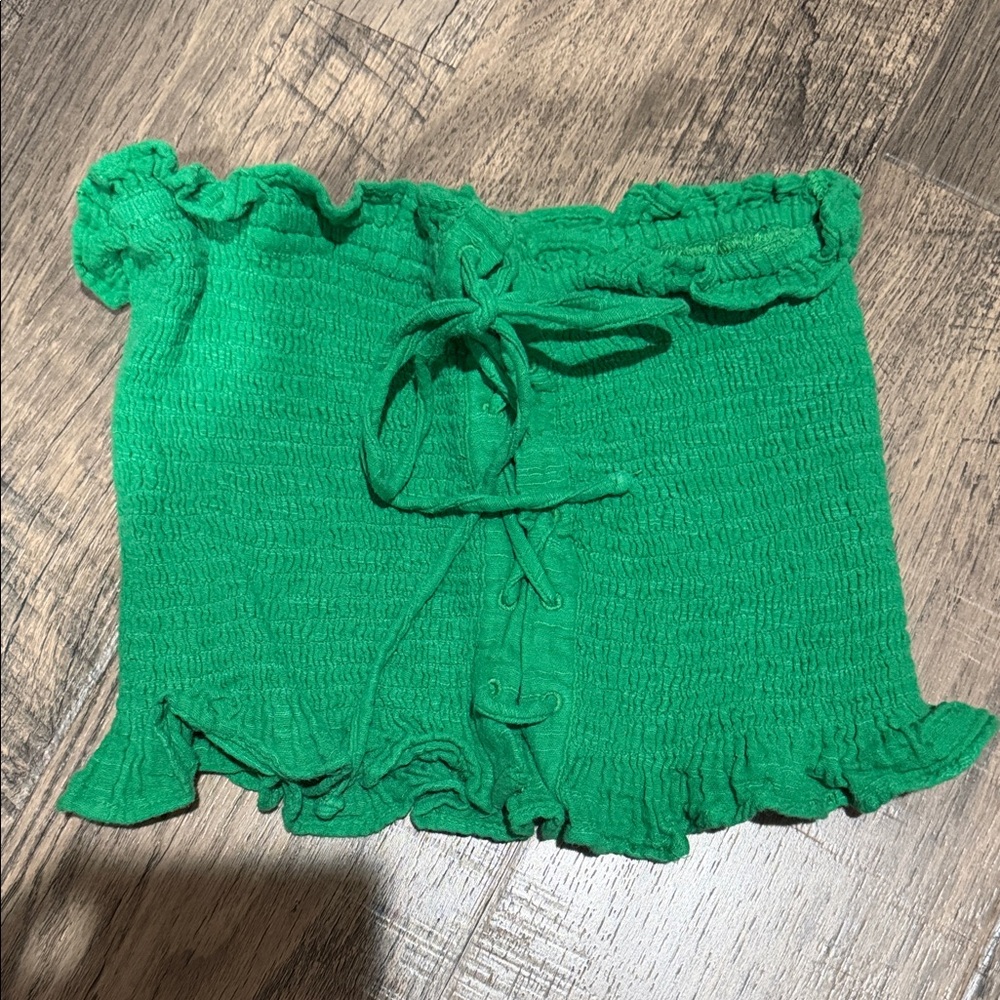 American Eagle Outfitters Green Ruffle Lace Up Smocked Strapless Crop Top